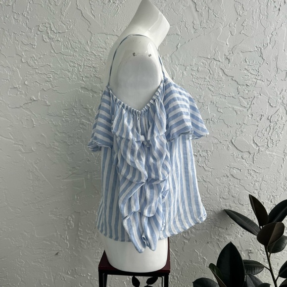 ZARA Striped Light Blue & White Off the Shoulder 3/4 Ruffled sleeves Crop Top, L - Picture 12 of 13